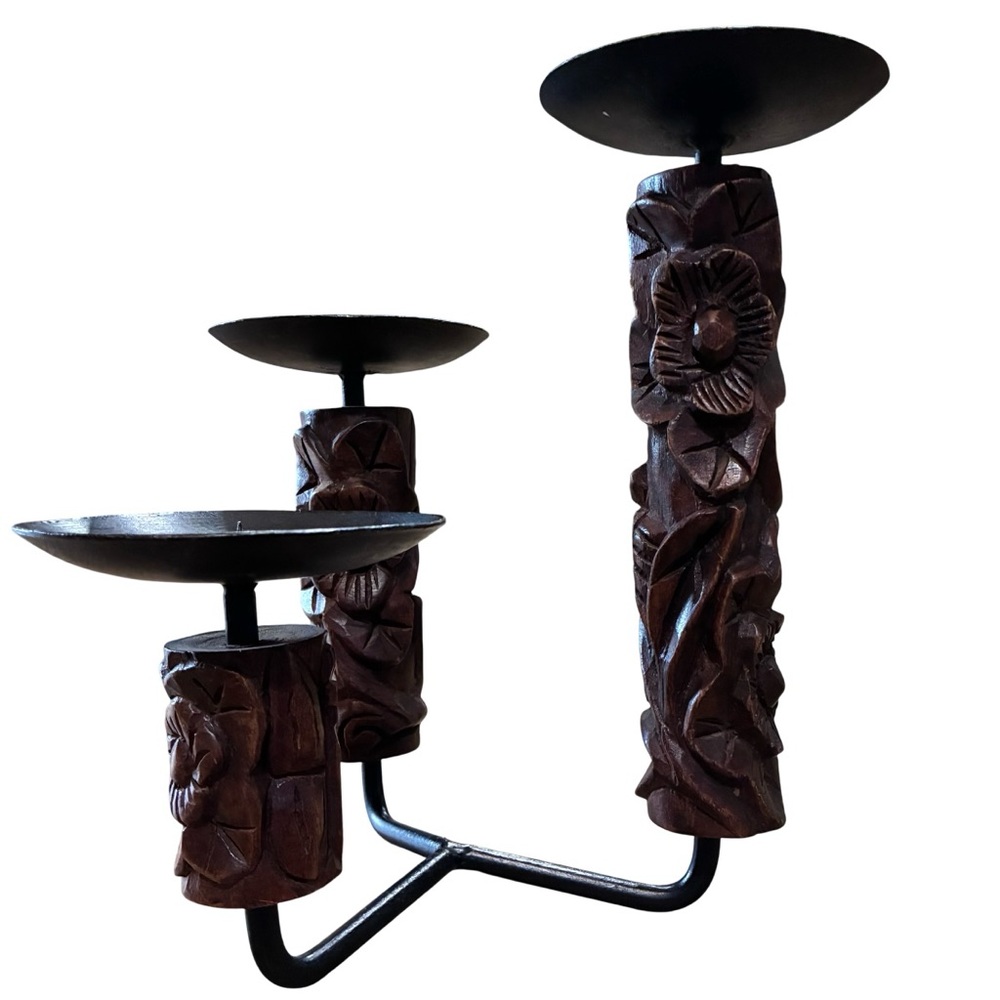 Vintage Black Iron and Carved Wood Triple Pillar Tiki Boho Candle Stand MCM